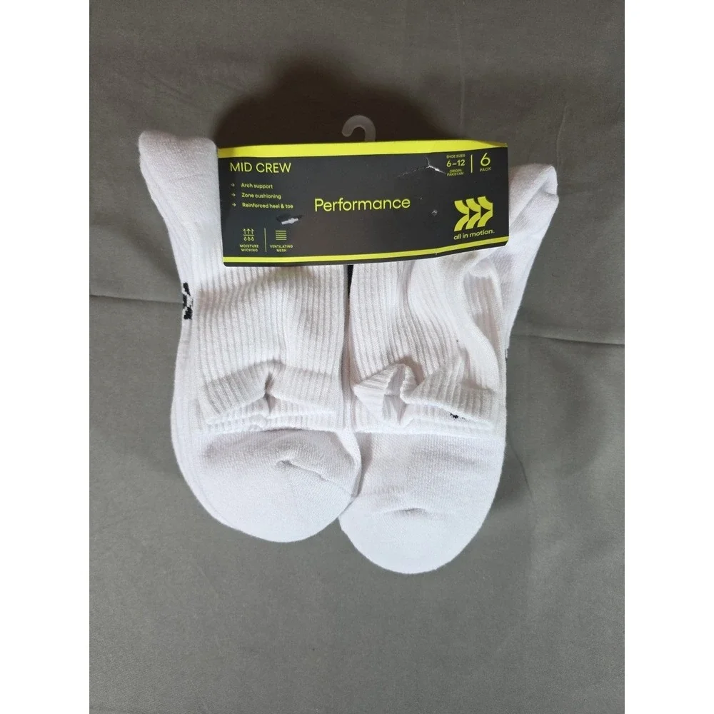 All In Motion Active Mid Crew Socks size 6-12 - Pack of 6 Pairs - White - NEW‎